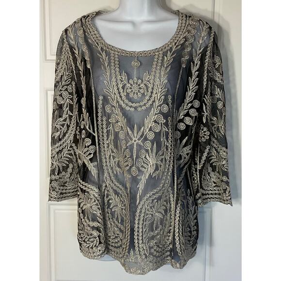 Pinky Embroidered Black & Gold Metallic Retro Flowy Top L - Picture 1 of 7